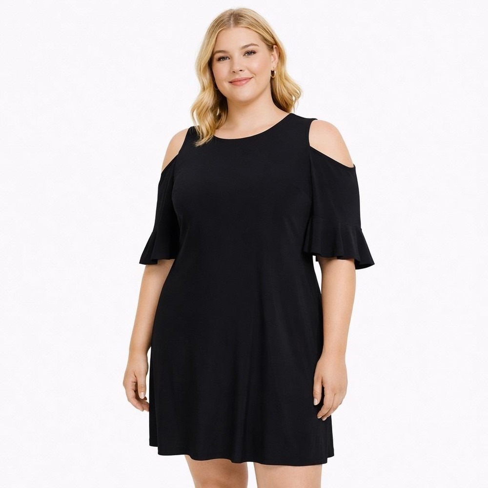 TOMMY HILFIGER Size 4 Black Stretch‎ Knit Cold Shoulder Ruffled Cocktail Dress